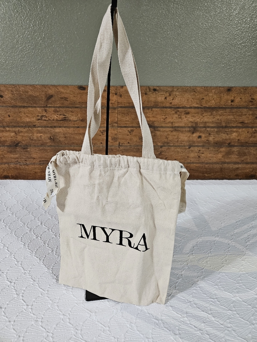 Myra Bag Cream Canvas Drawstring Tote with Logo